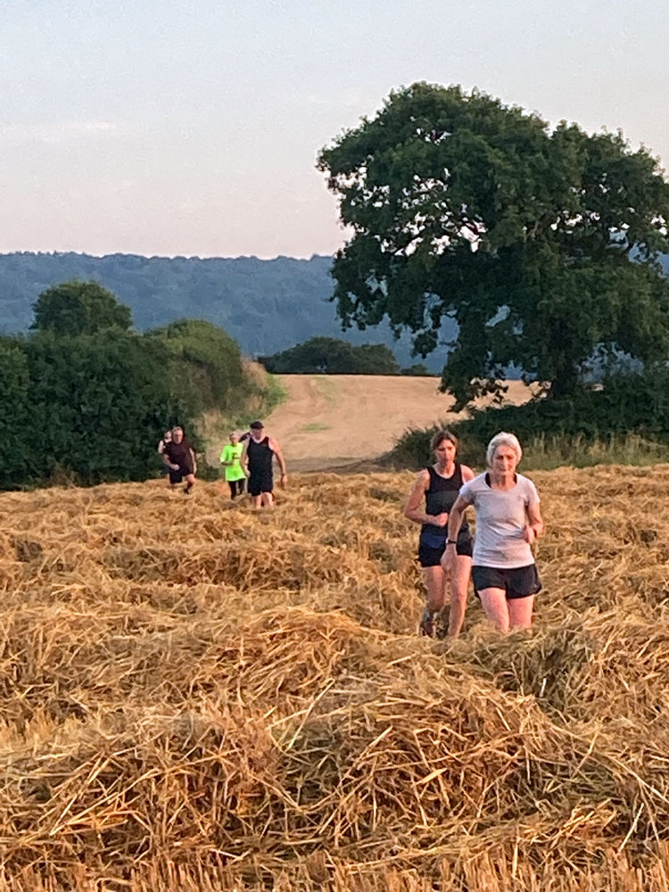 Minehead Club runners together running across a field